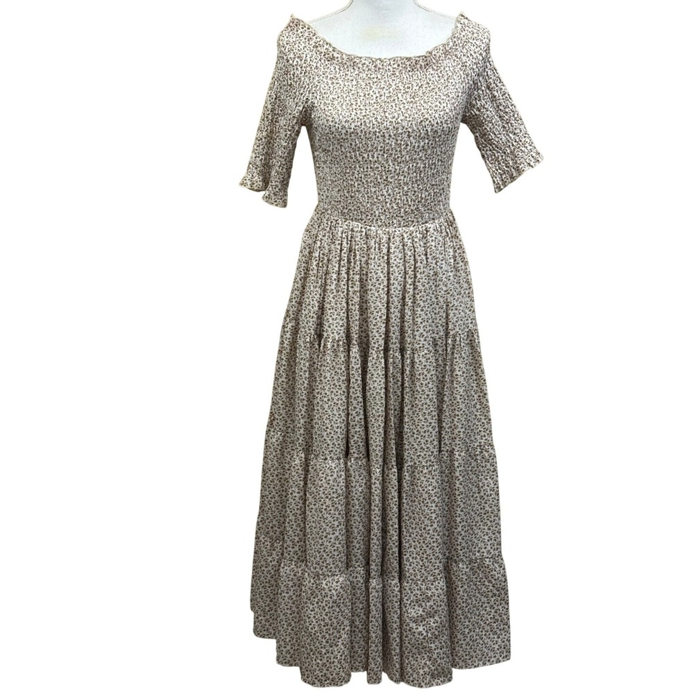 Orange Creek Brown Floral Smocked Tiered Maxi Dress Small, prairie, cottagecore